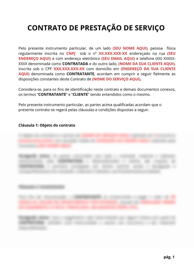 Primeira página do modelo de contrato de prestação de serviço, com as cláusulas embaçadas