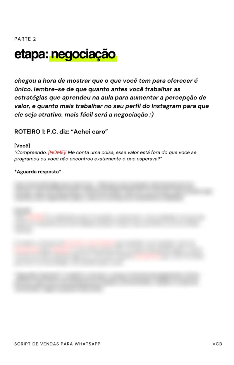 Página do Script de Vendas para WhatsApp com o roteiro para quando a cliente diz "achei caro", parte embaçada